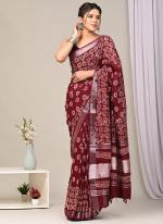 Pure Linen Cotton Maroon Casual Wear Pure Hand Work Saree